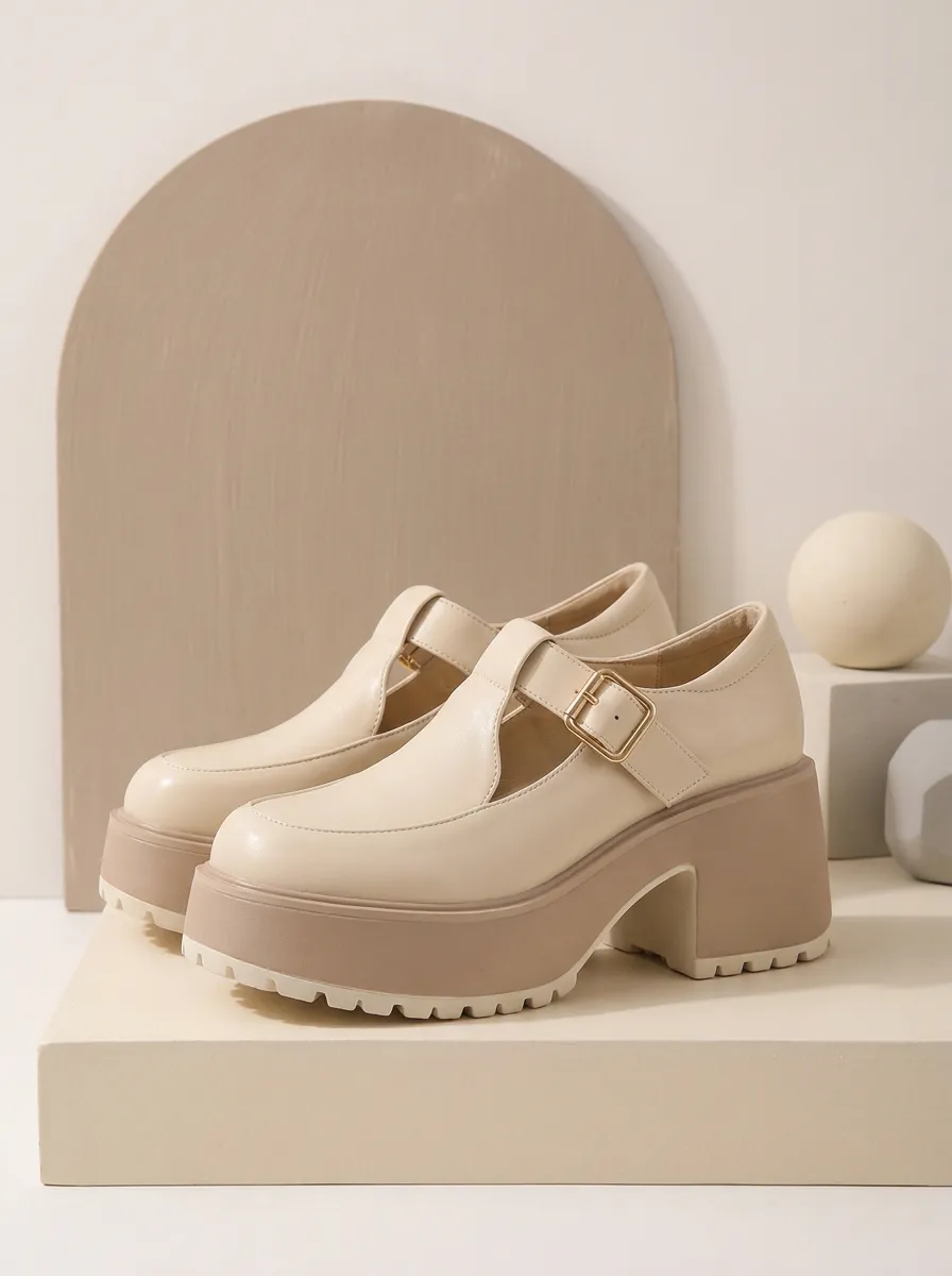 Buckle-Strap T-Strap Block-Heel Women's Chunky Platform Shoes