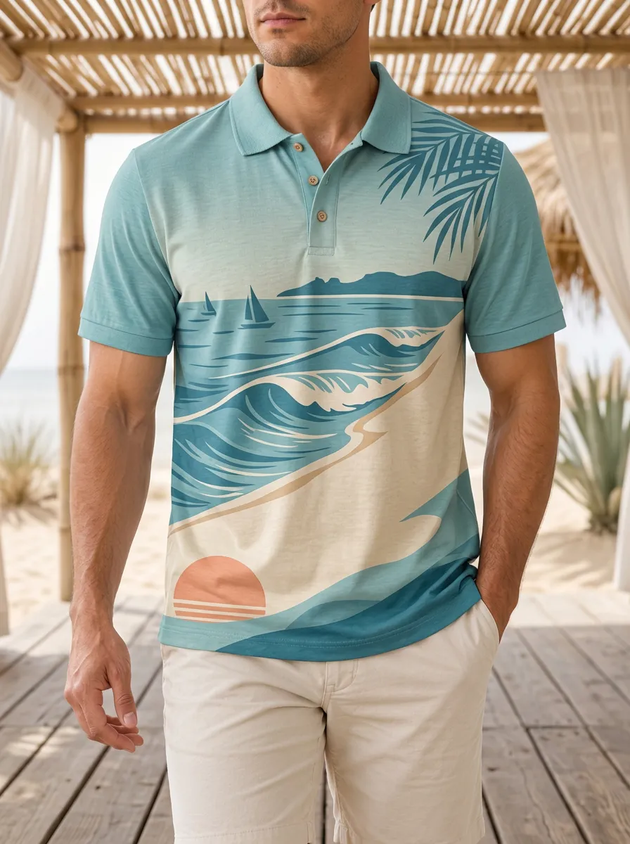 Men's Beach Vacation Tropical Ocean Sunset Printed Polo Shirt