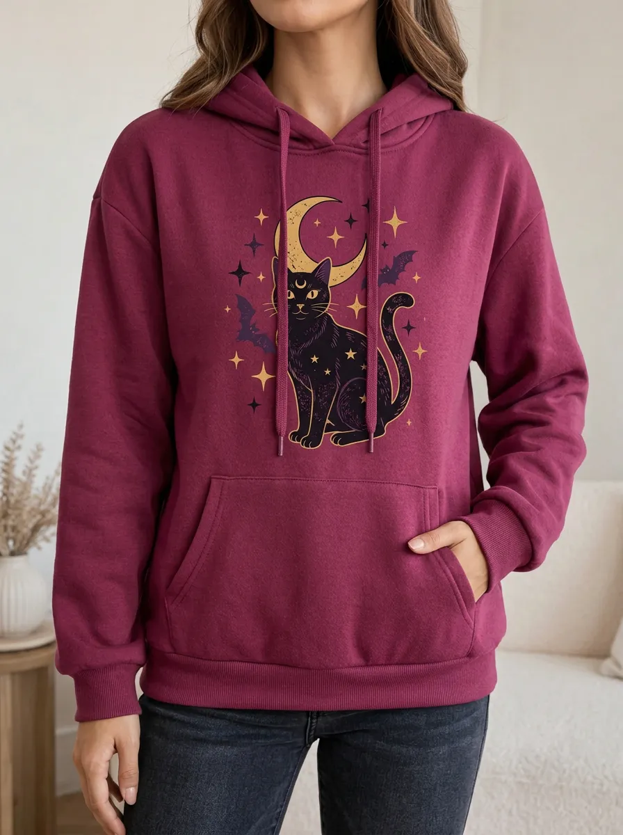 Women's Halloween Celestial Black Cat Moon Bat Printed Hoodie