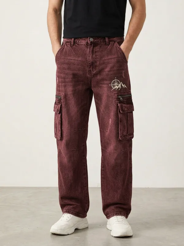 Men's Outdoor Adventure Mountain Compass Printed Cargo Jeans