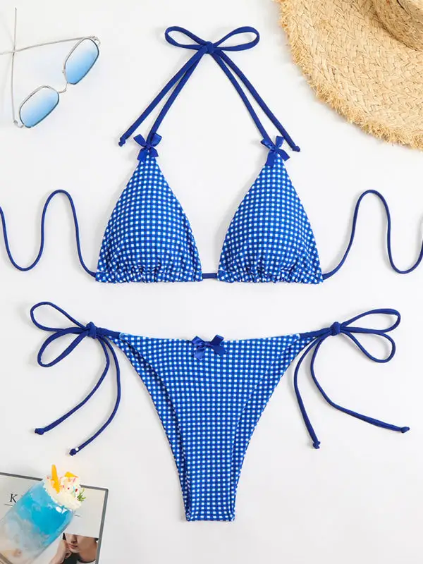 Lace Up Plaid Print Bikini Top Swim Set