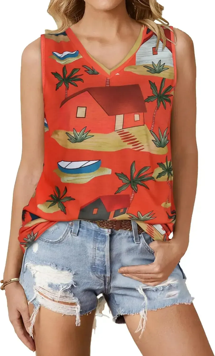 Summer Tops for Women Sleeveless V Neck Tshirt Loose Fit Casual Tank Tunic Blouse