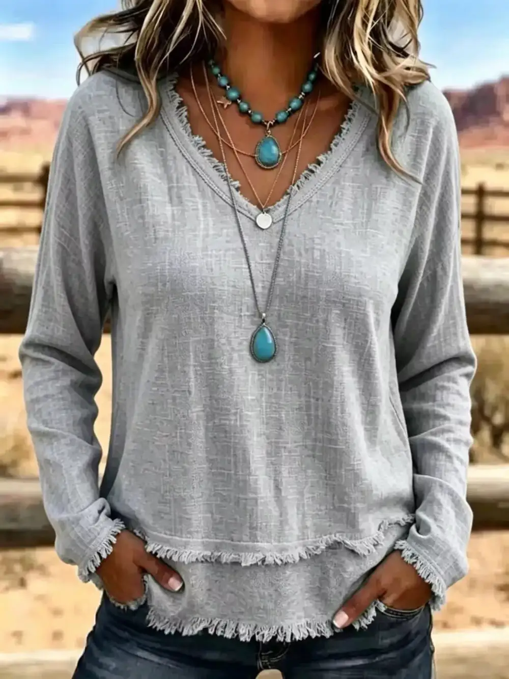 Long Sleeve V-Neck Frayed Hem Blouse