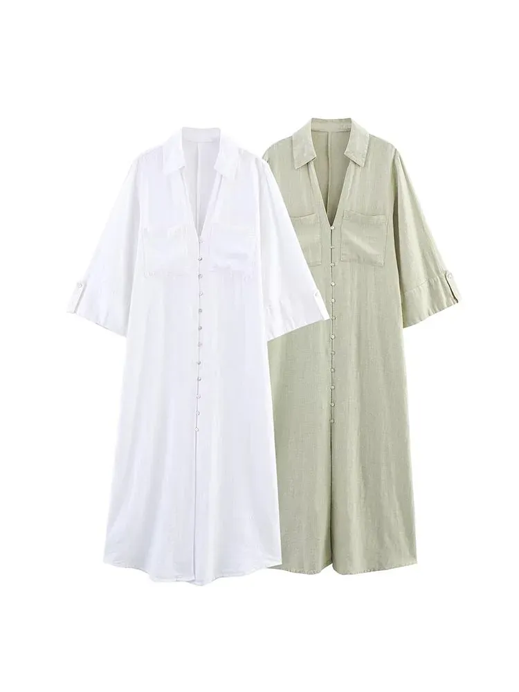 V-Neck Linen Blend Midi Dress
