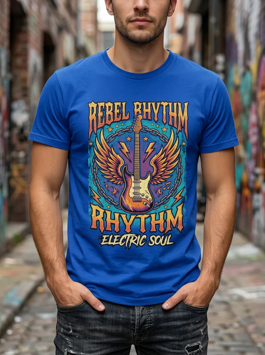 Men's Rock Music Lover Winged Electric Guitar Printed T-shirt