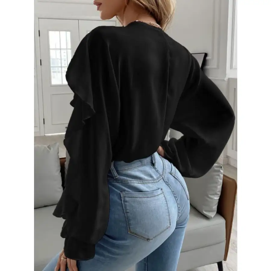 Full Size Ruffled V Neck Button Down Flounce Sleeve Blouse