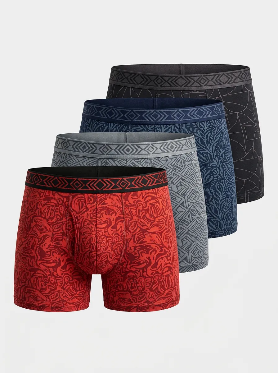 Easy-Wear Geometric Patterned Design Men's Four Pack Boxer Briefs