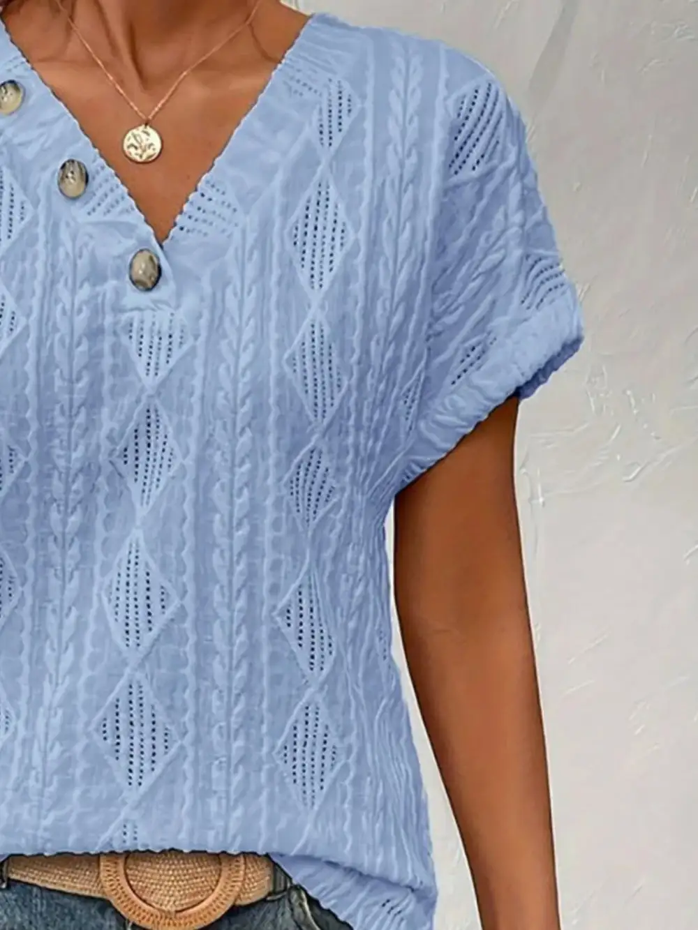 Textured V-Neck Short Sleeve Top