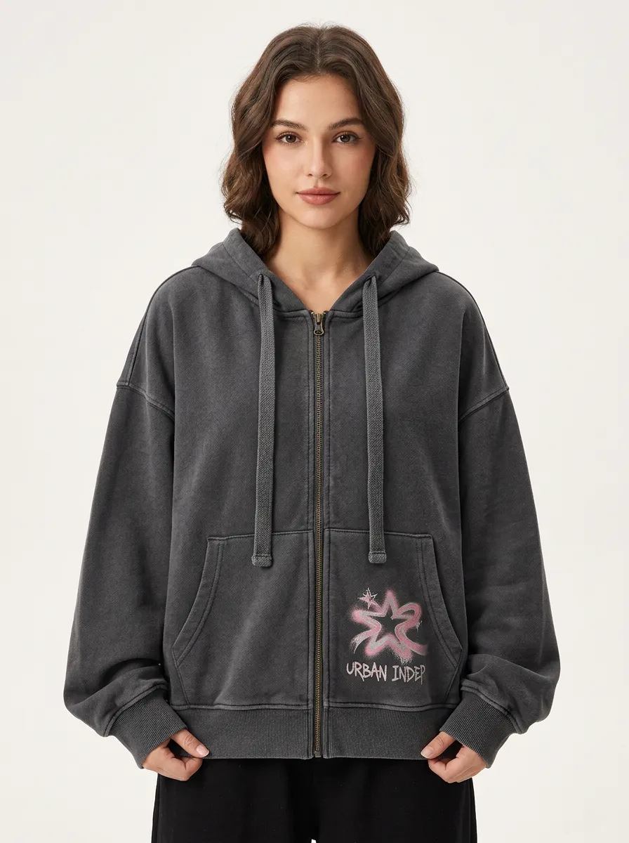Women's Streetwear Urban Independent Pink Star Printed Zip-up Hoodie
