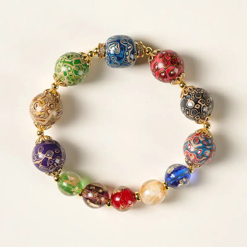 Liuli Glass Sandalwood Gourd Bead Lacquer Craft Bracelet