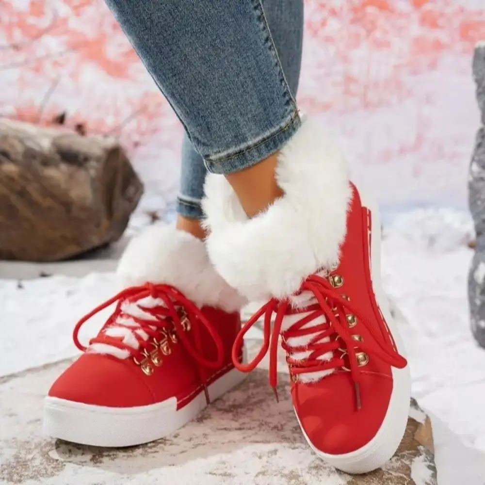 Refined Fuzzy Trim Lace-Up Ankle Boots