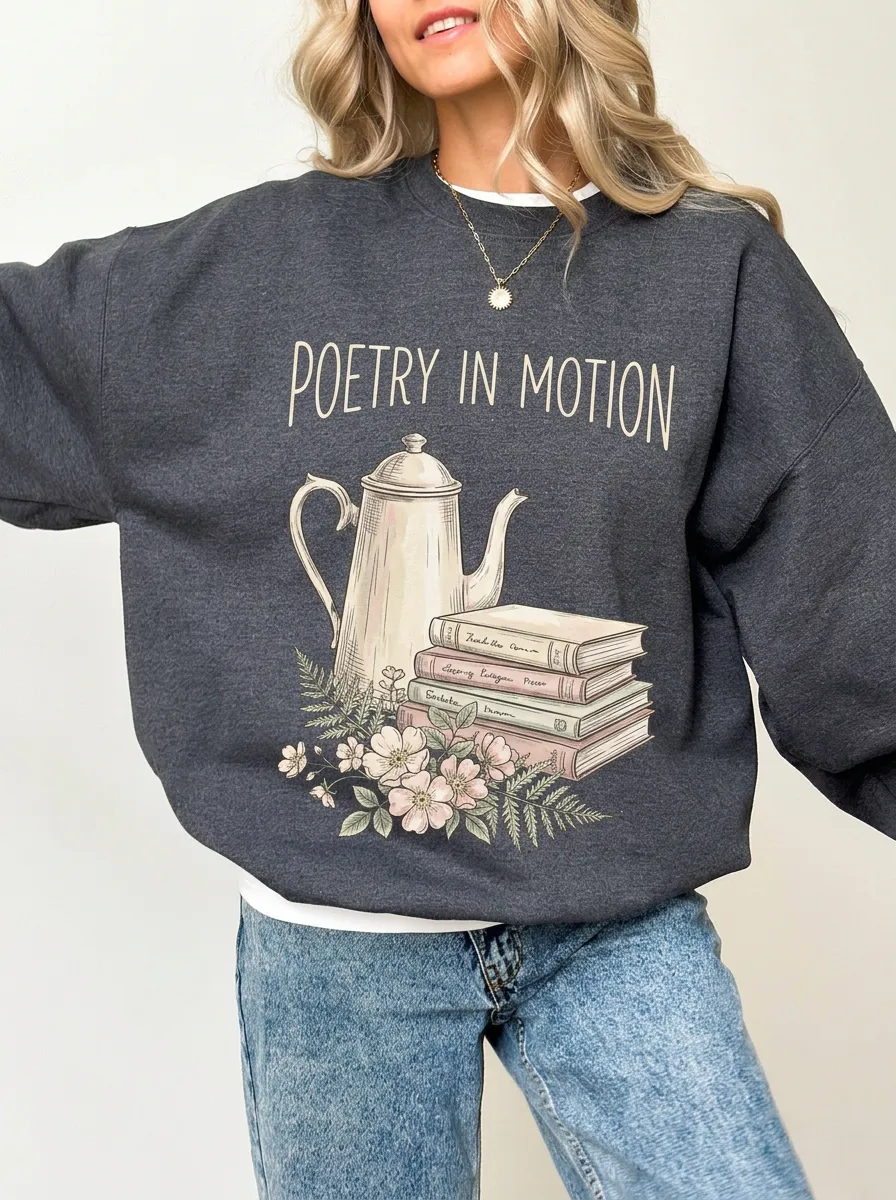 Women's Poetry In Motion Teapot Books Floral Graphic Sweatshirt