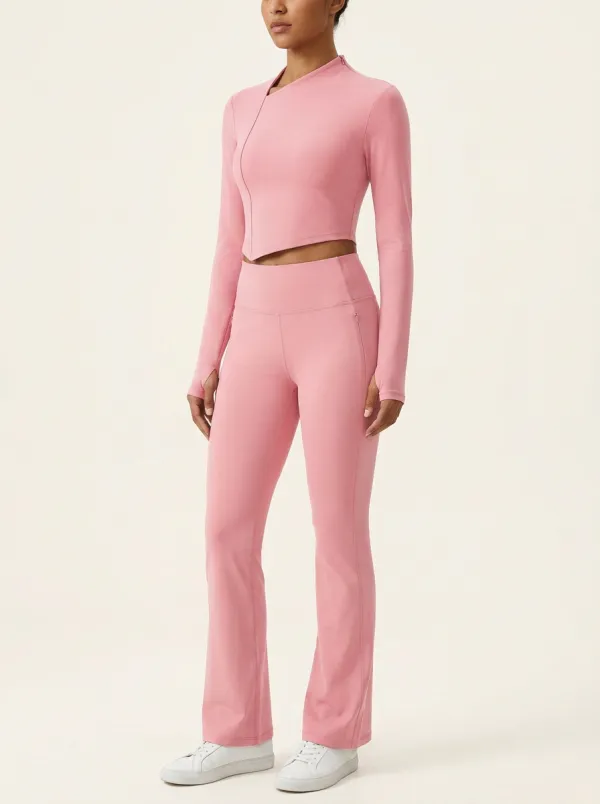 Women's Asymmetric Side-Zip Thumbhole Crop Top and Flare Legging Set