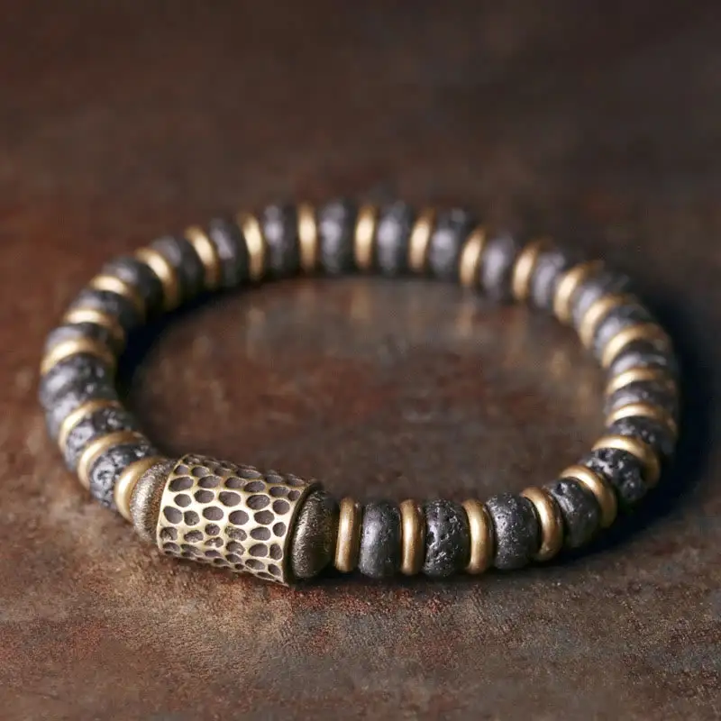 Vintage Lava Rock Beads Copper Bracelet