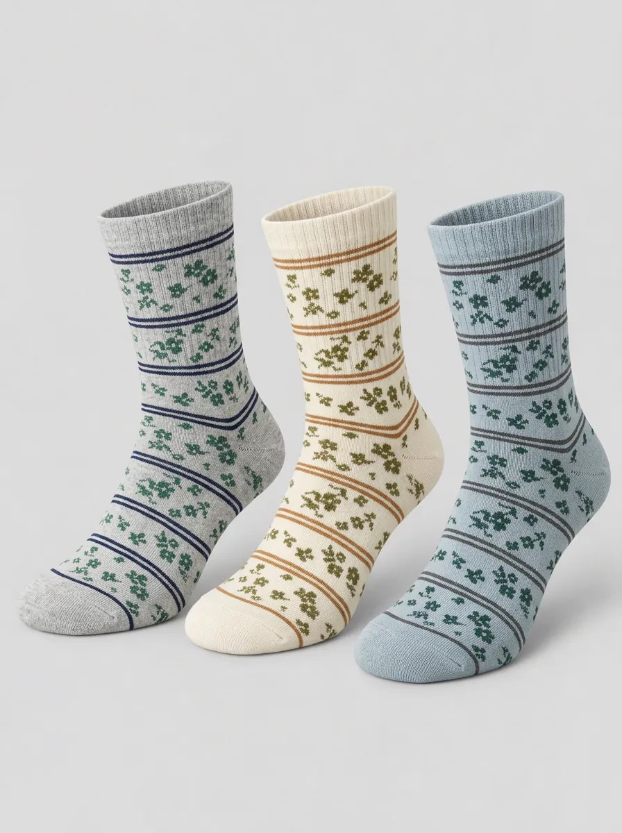 Men's Vintage Floral Striped Pattern Printed Socks 3-Pack