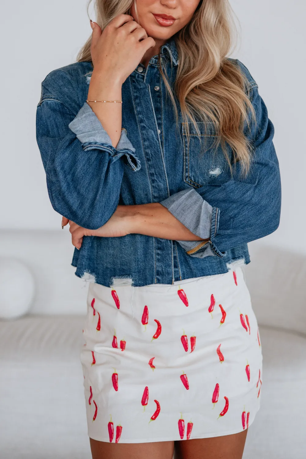 Collared Button-Front Button-Cuff Cropped Denim Jacket