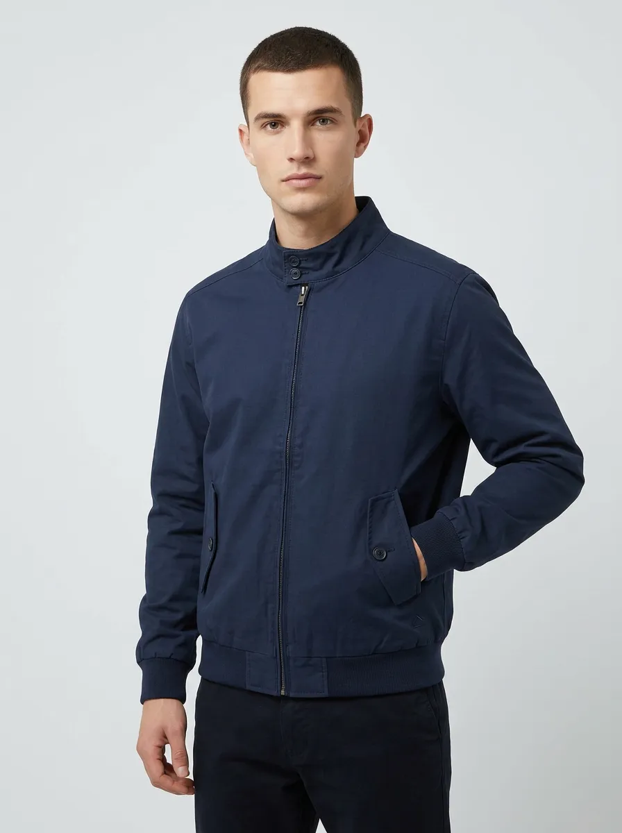 Men's Casual Minimalist Navy Blue Stand Collar Bomber Jacket
