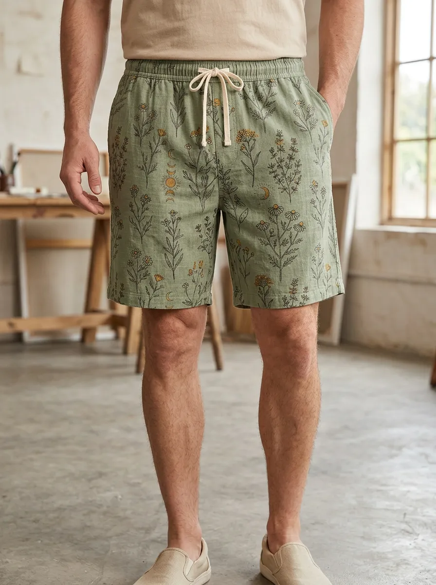 Men's Botanical Celestial Moon Flower Drawstring Shorts