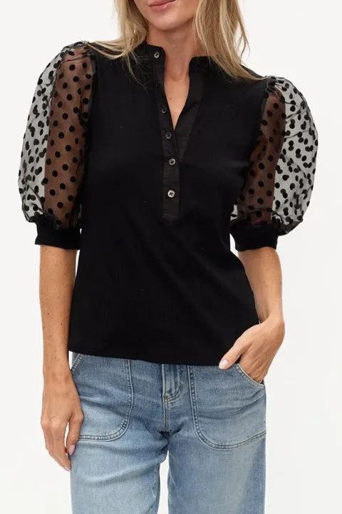 Black Polka Dot Puff Sleeve Henley Top