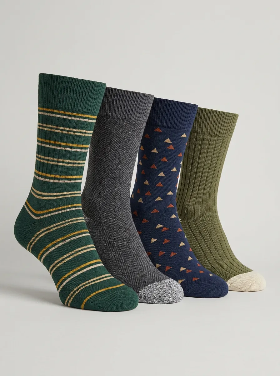 Men's Crew Socks Four-Pair Pack with Striped Geometric Ribbed Texture Reinforced Toe