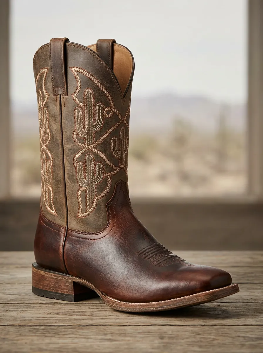 Men's Ranch Inspired Western Cowboy Cactus Embroidered Cowboy Boots
