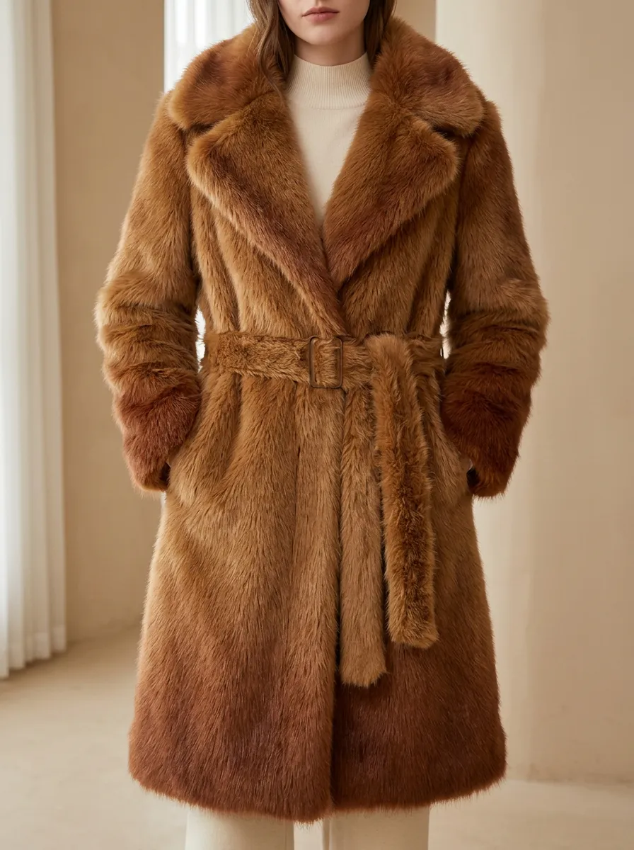 Wide Faux Fur Belted Coat