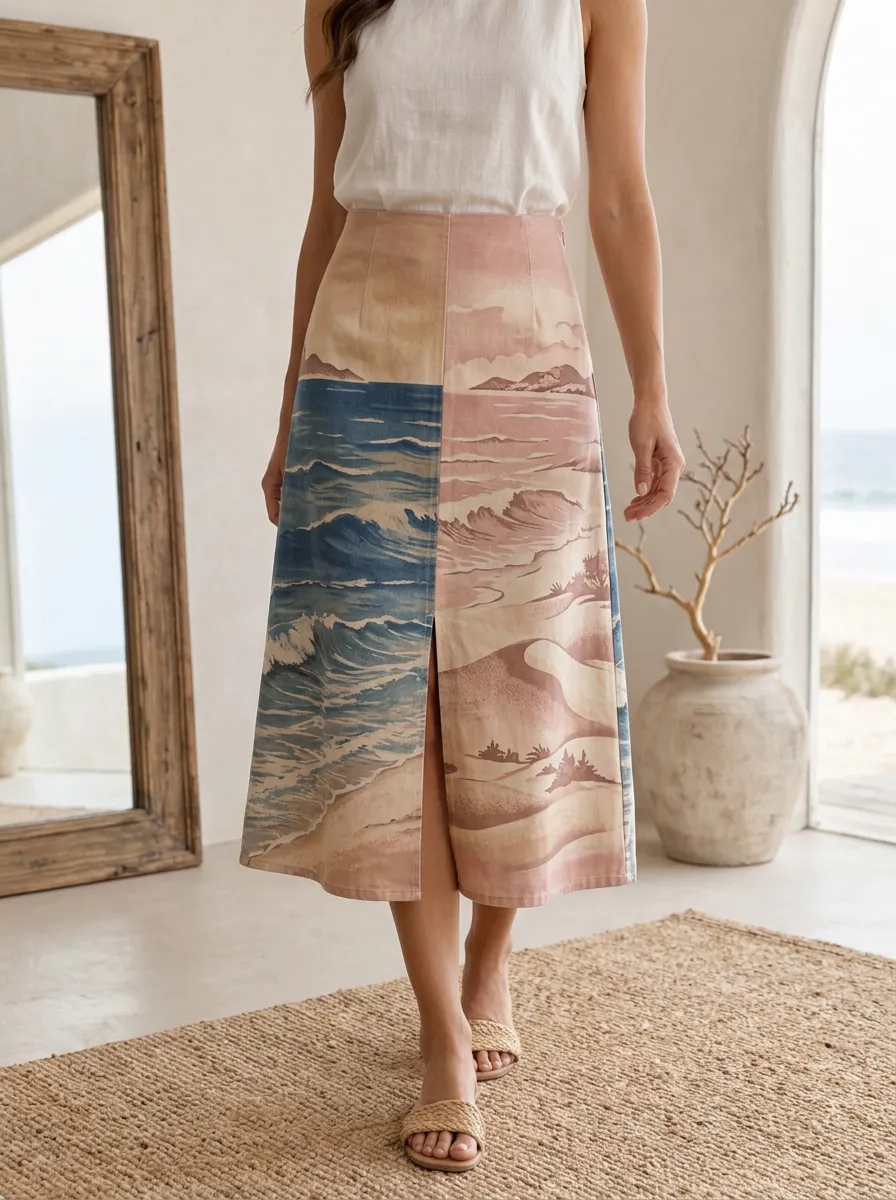 Women's Scenic Print Midi Skirt