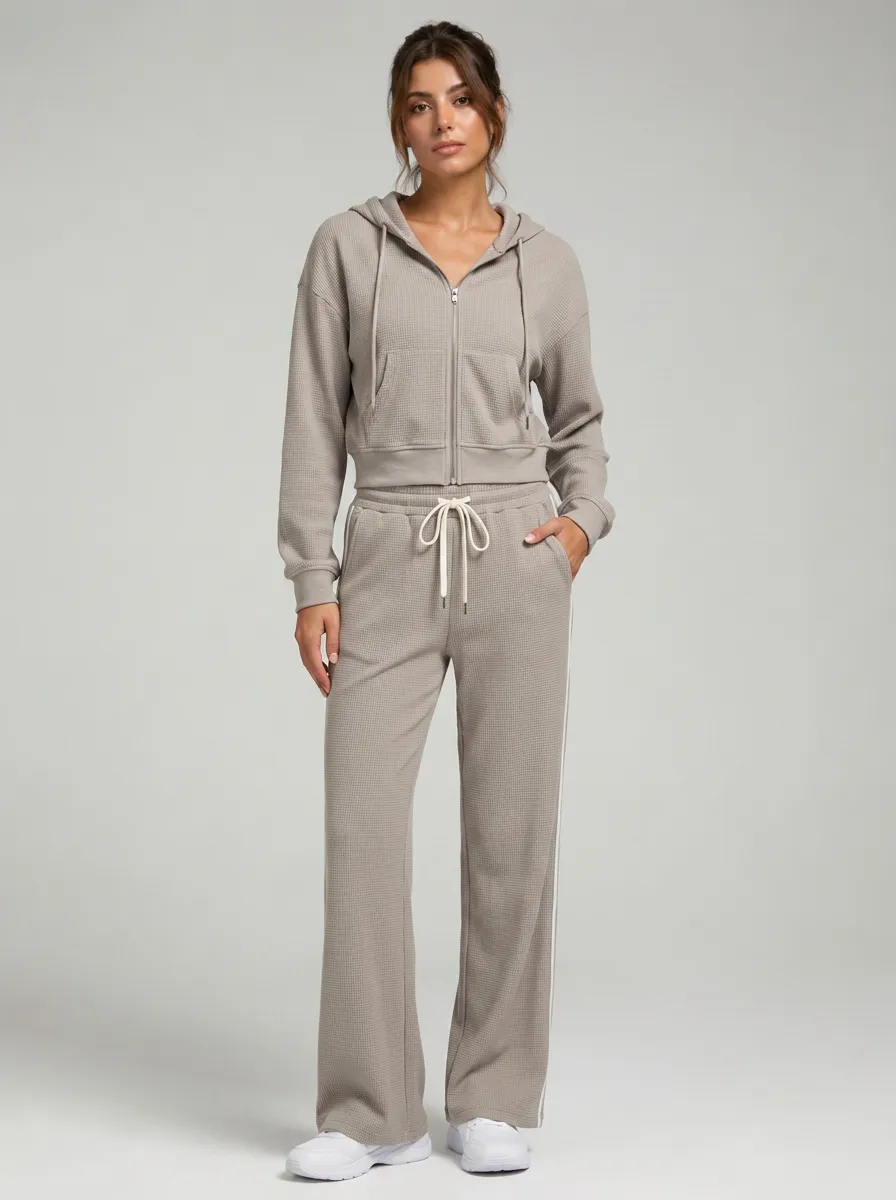 Women's Casual Loungewear Waffle Knit Zip-Up Hoodie Jogger Set
