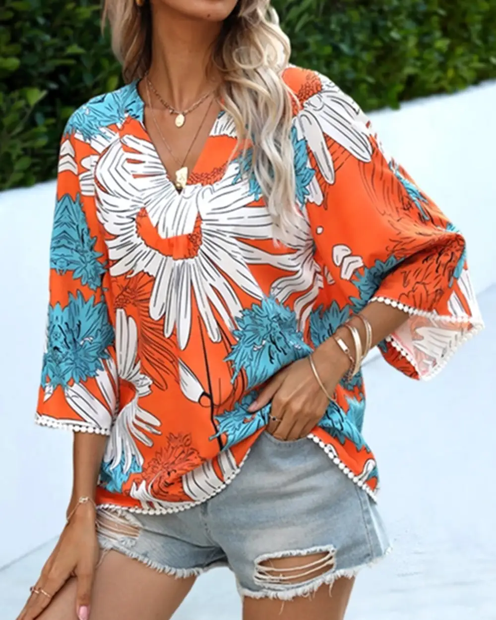 Layered Printed V Neck Blouse