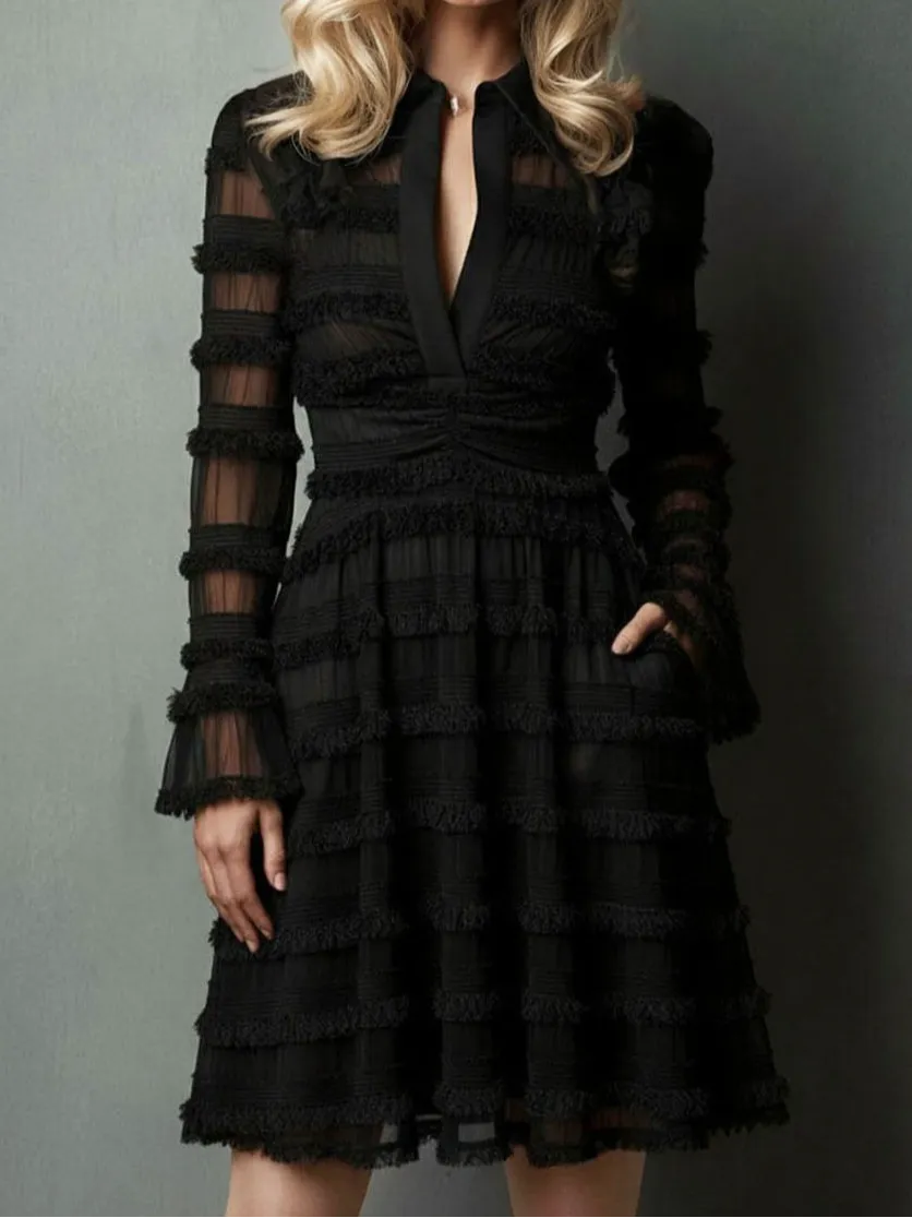 Tassel Textured Tulle Layered Elegant Mini Dress