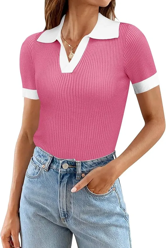 Pink Short Sleeve T Shirts Slim Fitted Ribbed Knit Casual Tee Tops