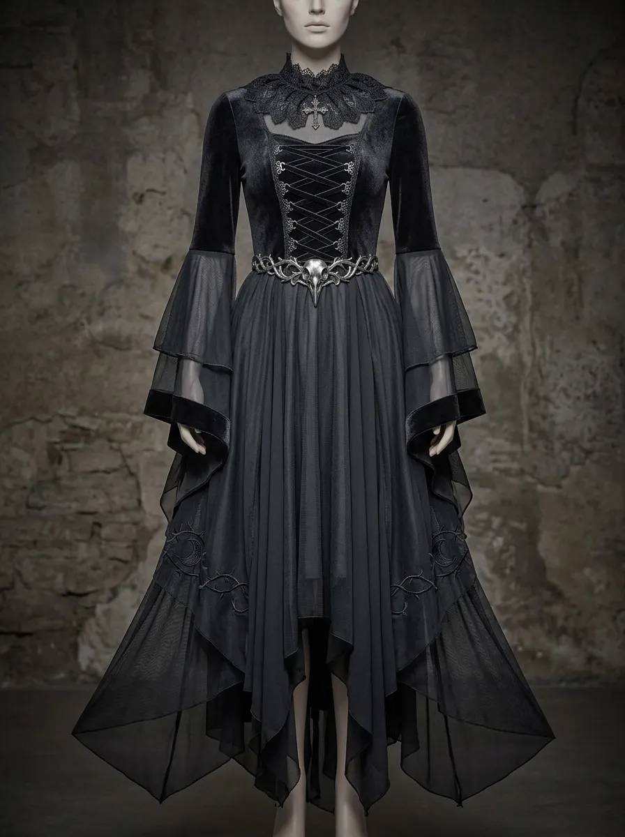 Punk Skull Cross Lace Silhouette Women's Gothic Dress