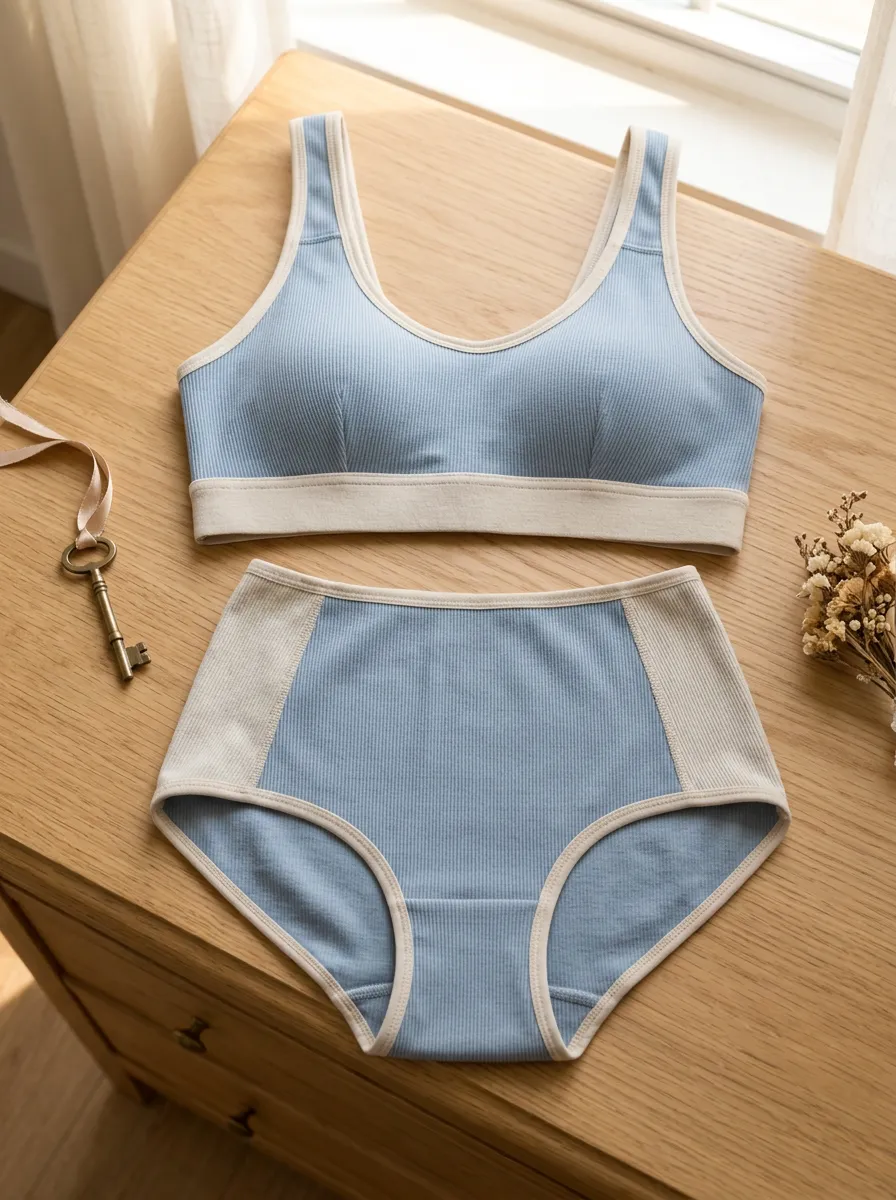 Women's Ribbed Contrast Trim And Seamless Full Coverage Lingerie Set