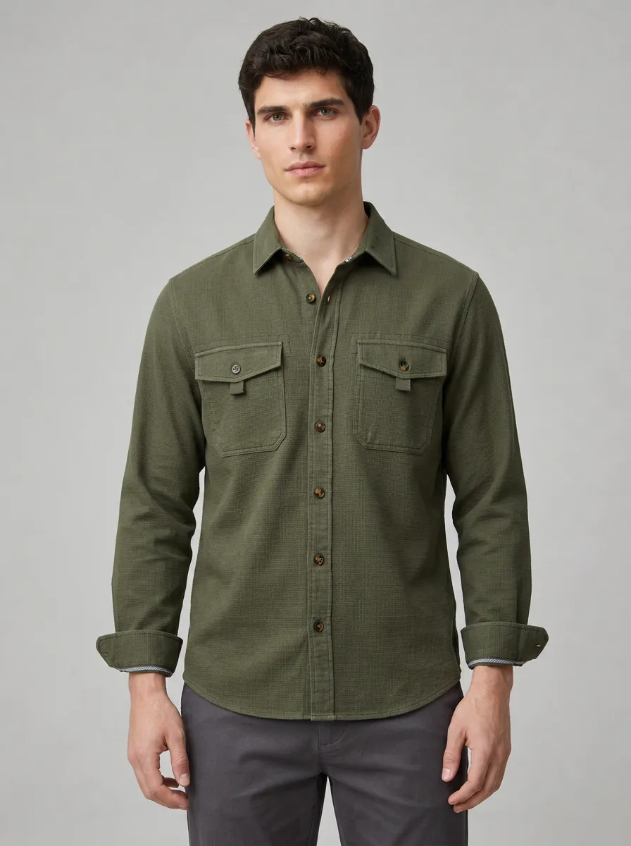 Men's Casual Olive Green Waffle Texture Button Down Shirt