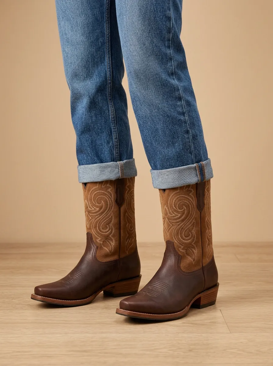 Unisex Western Cowboy Embroidered Boots Suede