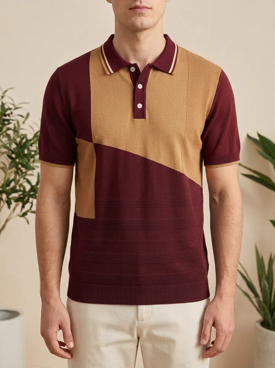 Men's Casual Geometric Colorblock Knitted Polo Shirt
