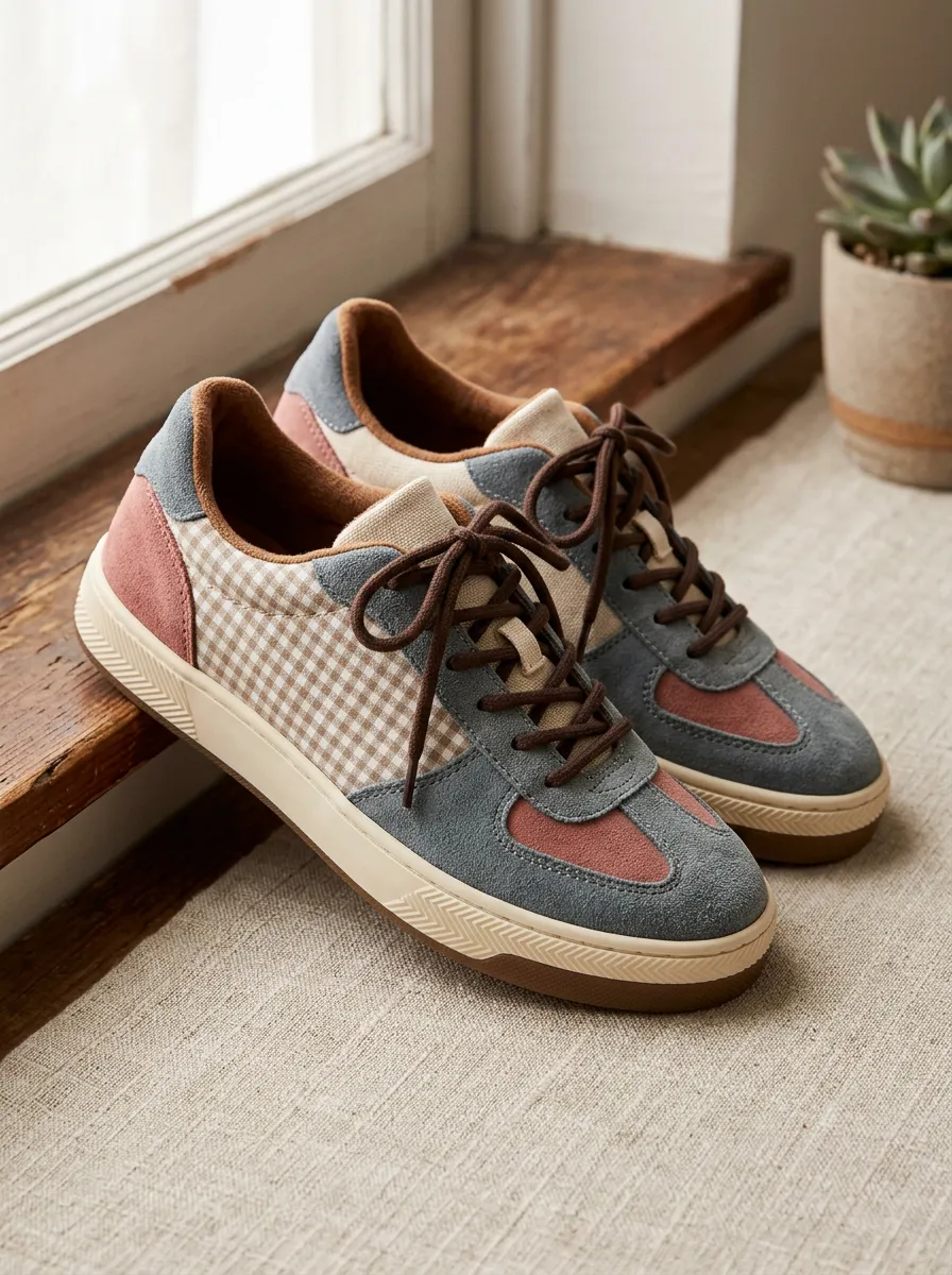 Women's Street Vintage Gingham Patchwork Suede Skate Shoes