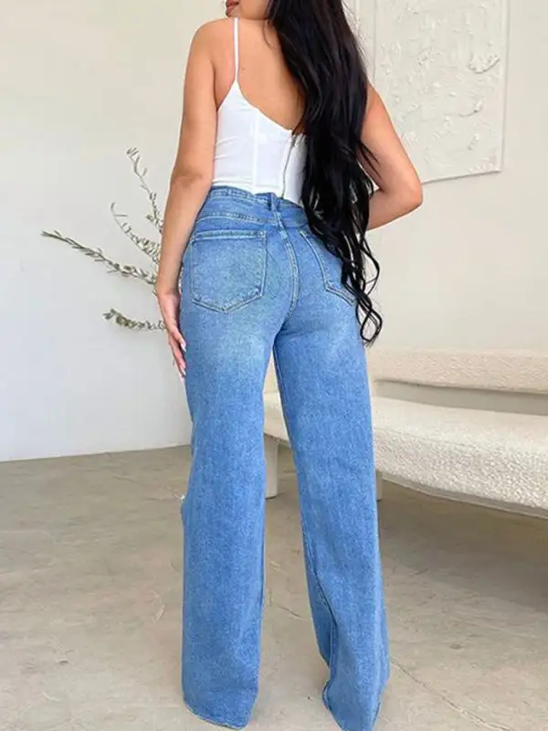 High-Waist Wide-Leg Ripped Pocketed Straight Leg Jeans