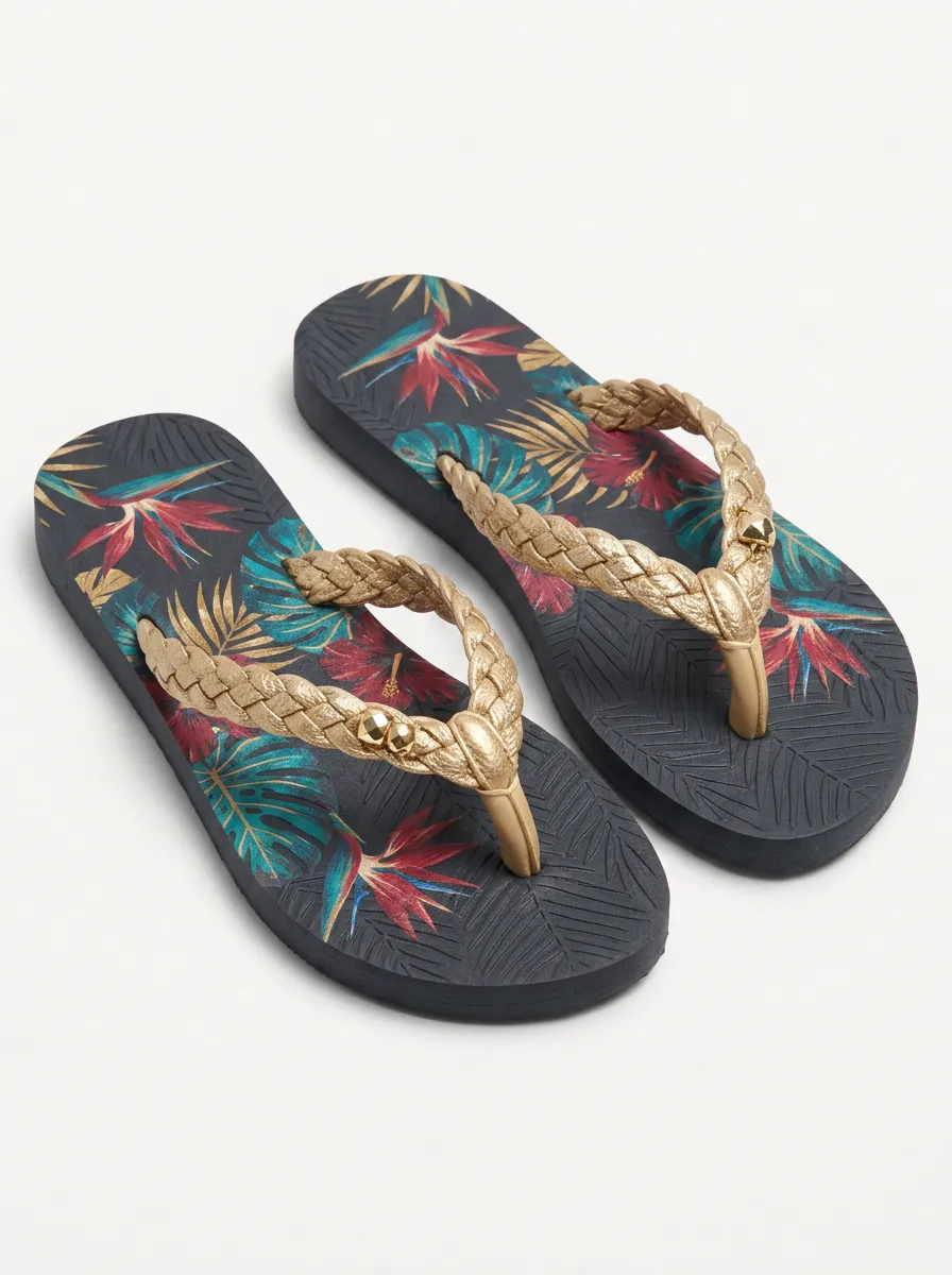 Women's Tropical Vacation Hibiscus Floral Printed Braided Strap Flip Flops