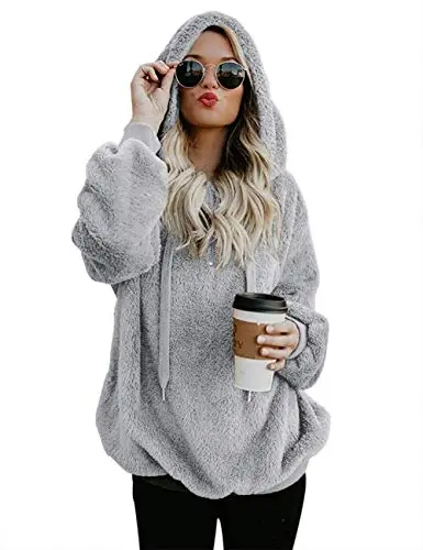 Women Casual Double Fuzzy Sweatshirt Faux Fleece Zip Pullover Hoodies Coat Outwear S-XXL