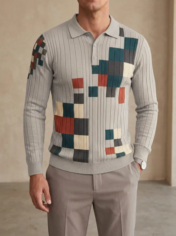 Men's Geometric Colorblock Printed Long Sleeve Polo Shirt