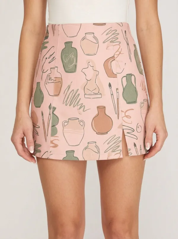 Women's Pottery Art Lover Vase Statue Printed Skirt