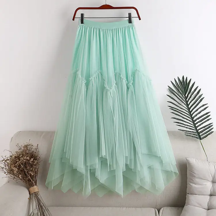 Casual High Waist Midi Skirt With Asymmetrical Mesh Layers
