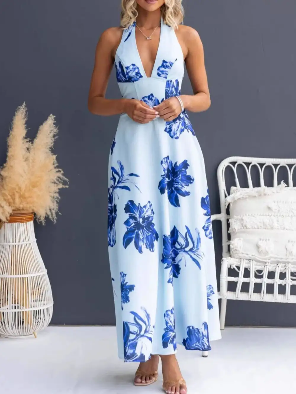 Casual Floral Print Halter Neck Maxi Dress