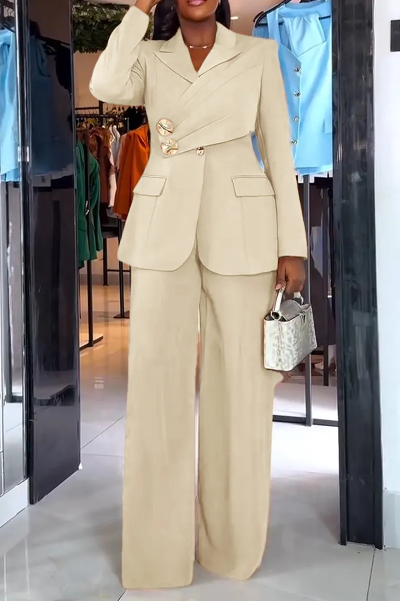 Women Collar Splicing Jacket+ Wide Leg Pants Temperament Commuting Formal Suit