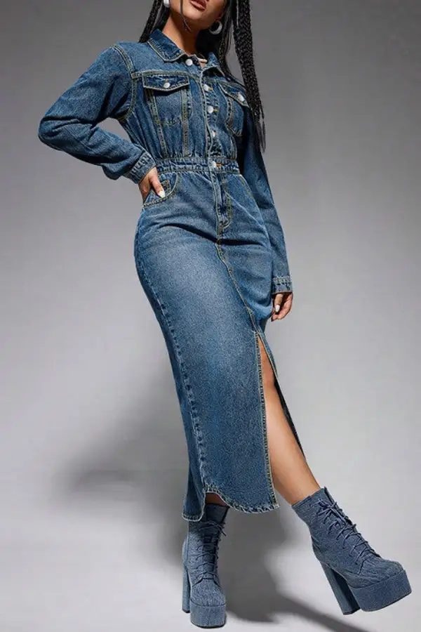 Washed Denim Mid-Slit Midi Dress