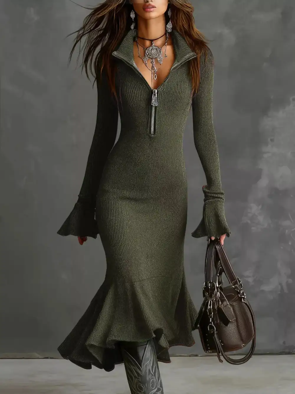 Ribbed Knit Zip Front Midi Dress