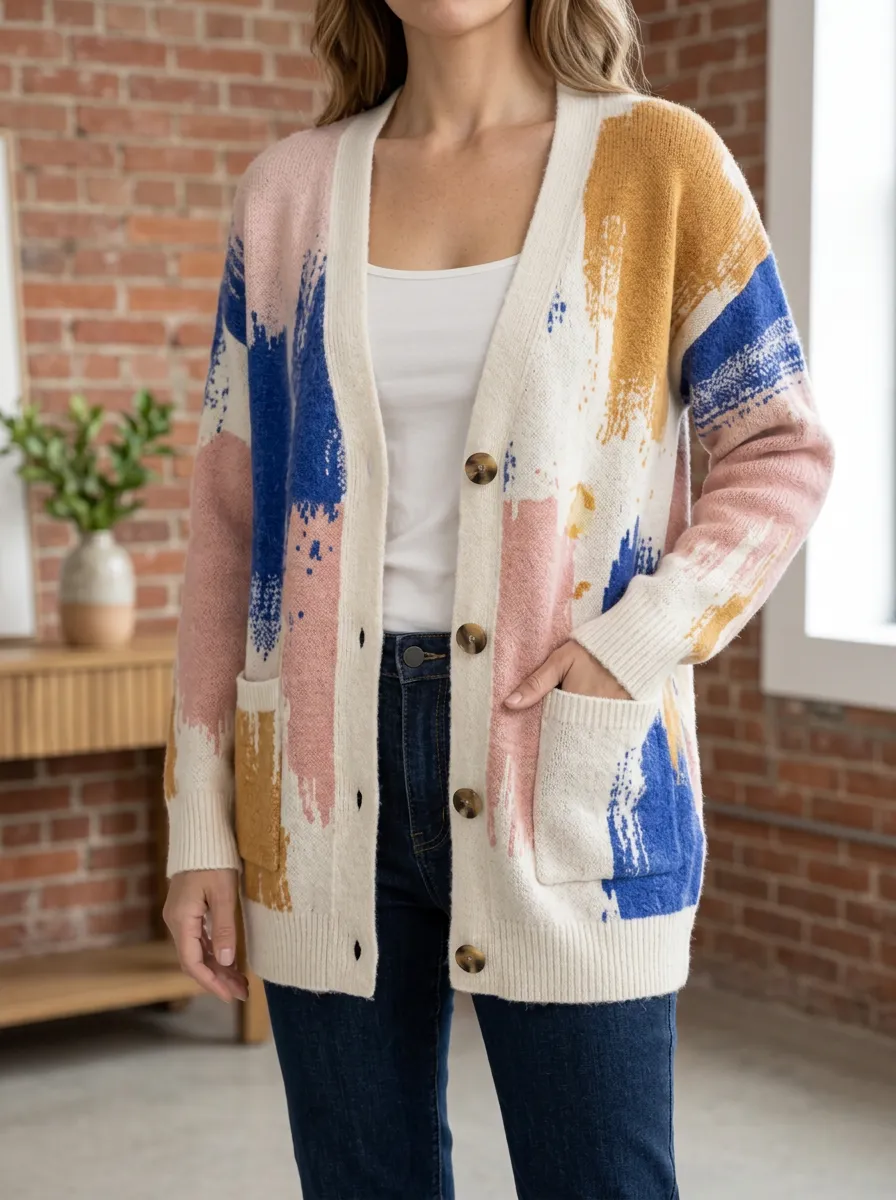 Women's Abstract Brushstroke Pattern Printed Long Sleeve Travel Layering Cardigan