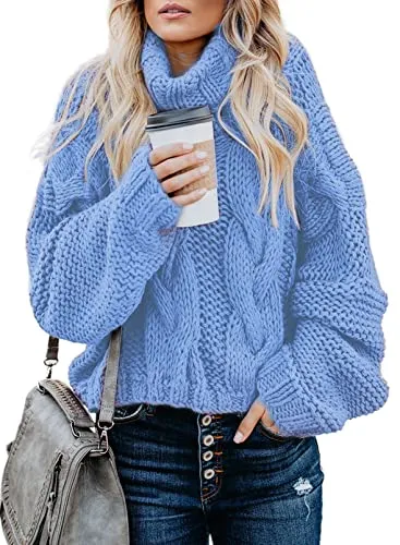 Womens Turtle Cowl Neck Solid Color Soft Comfy Cable Knit Pullover Sweaters S-2XL
