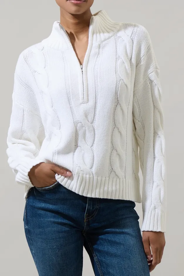 White Cable Knit Half Zip High Neck Sweater
